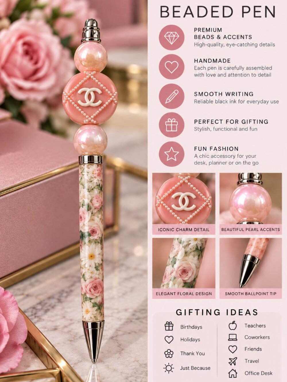 Pink Floral Beaded Twist Pen | Handmade Gift Ready